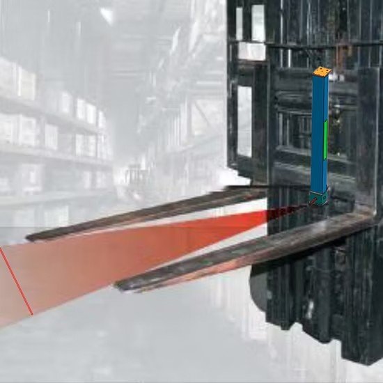 Laser fork tip level indicator projecting a red line for fork positioning