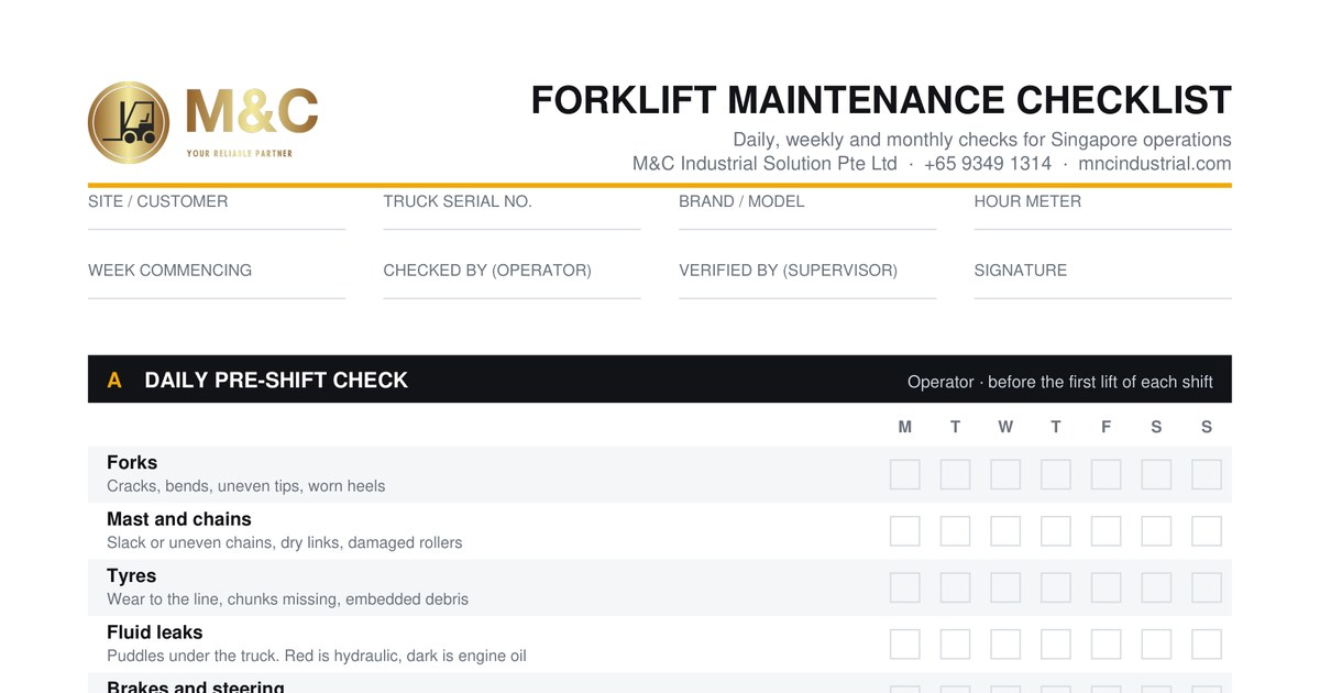 M&C forklift maintenance checklist
