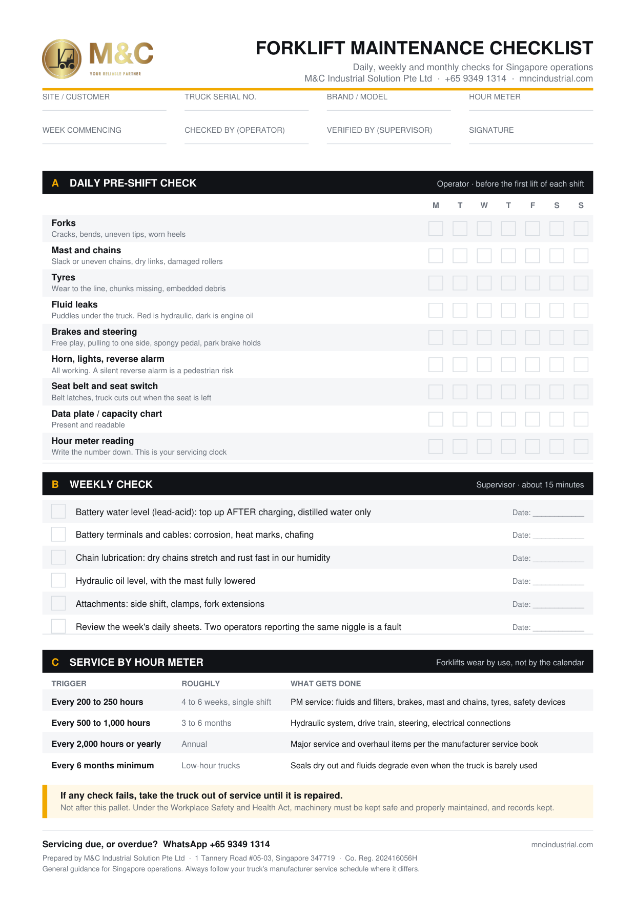 M&C forklift maintenance checklist for Singapore: daily pre-shift, weekly and hour-meter service intervals