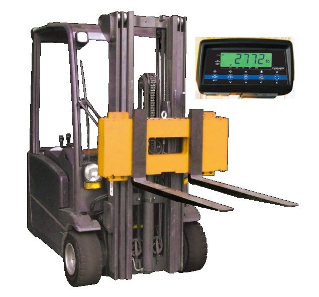 Forklift weighing fork digital display showing a load reading
