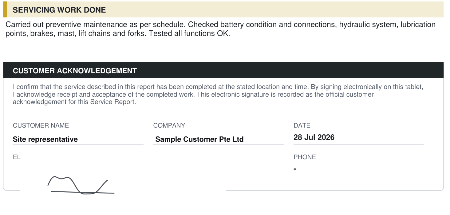 Customer acknowledgement section of an M&C forklift service report, signed electronically on site