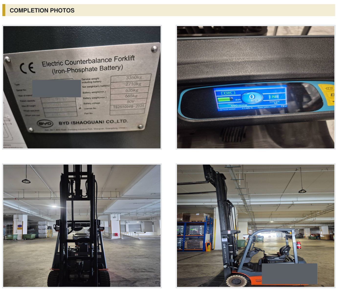 Completion photos page of an M&C forklift service report showing the data plate, hour meter display and the serviced truck