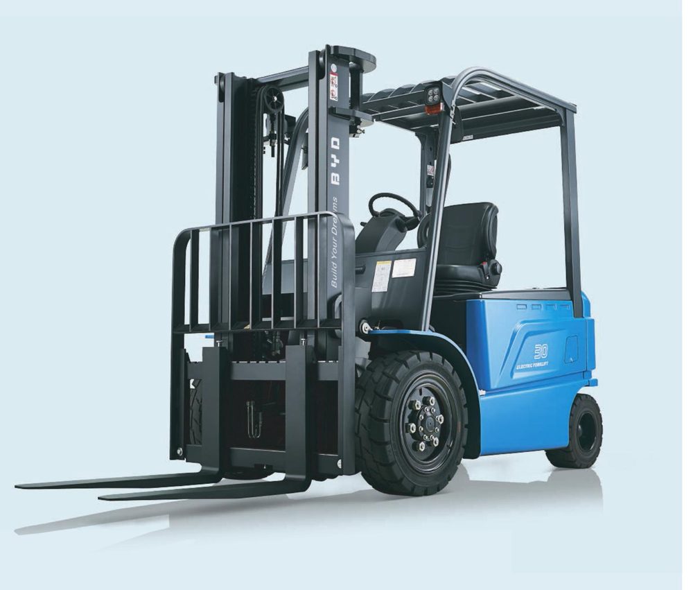 Forklift lifting a pallet to high racking
